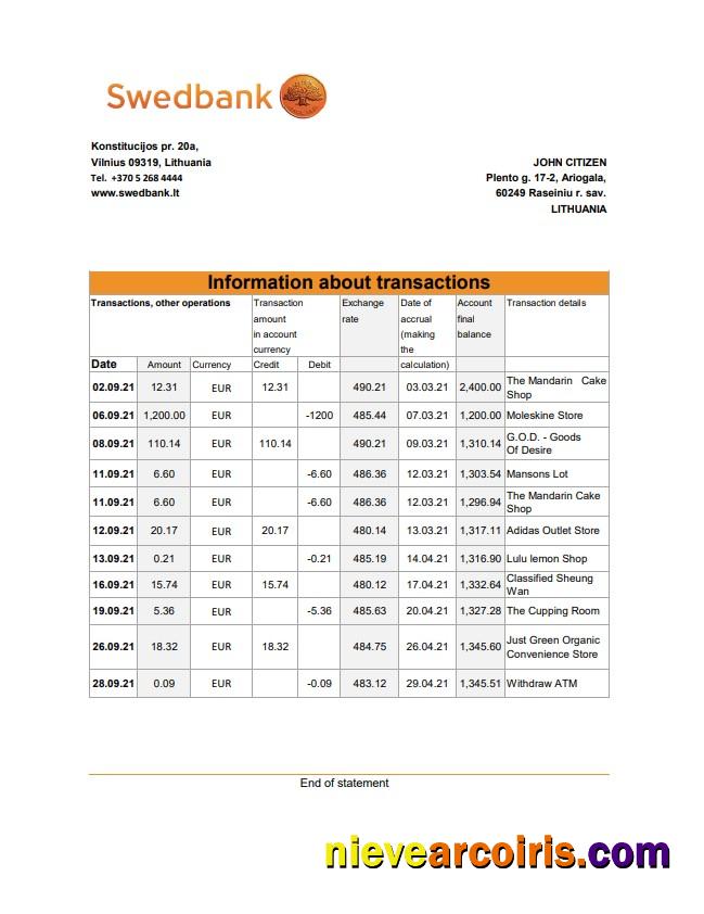 Lithuania Swedbank bank statement easy to fill in .xls and .pdf file format